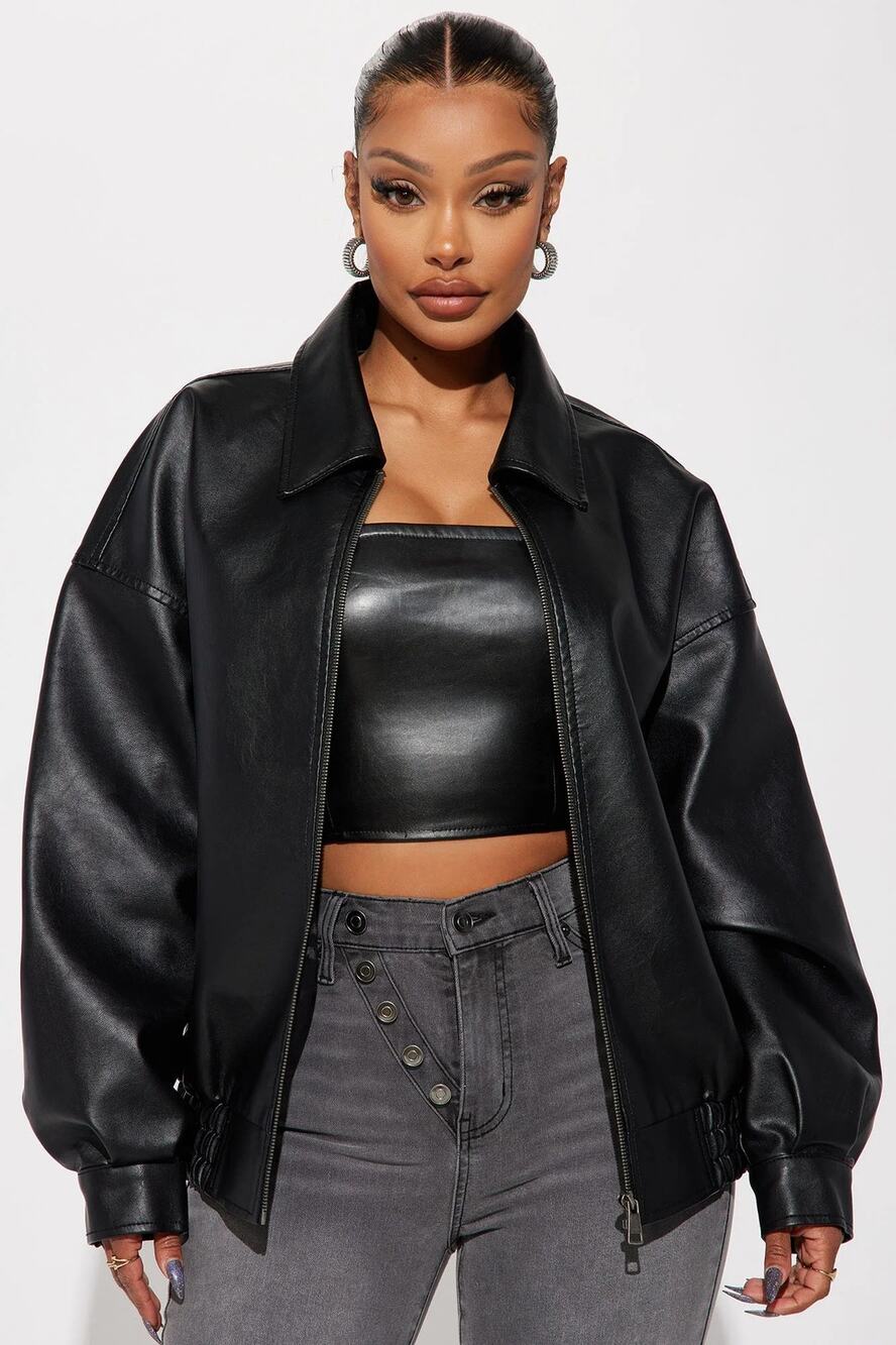 Fashion Nova Women's L Black Hustle Mode Oversized Faux Leather Jacket HR13-12